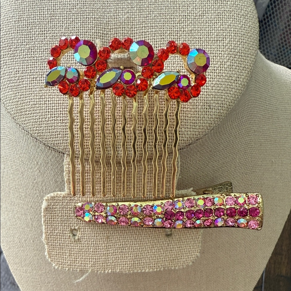 Elegant Red and Pink Crystal Hair Comb and Pink Clip Set